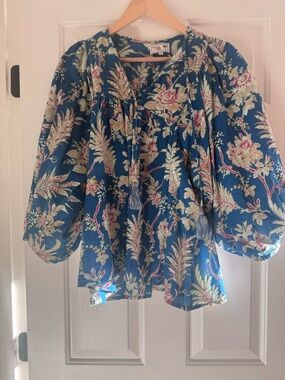 Mille Floral Blue Peasant Tunic with Tassel Tie